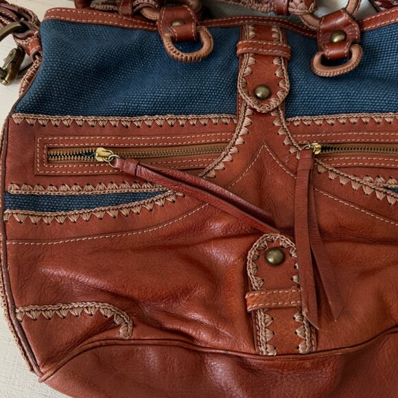 Isabella Fiore Boho Leather Canvas Satchel Brown Blue Whipstitch Crossbody - Picture 4 of 15
